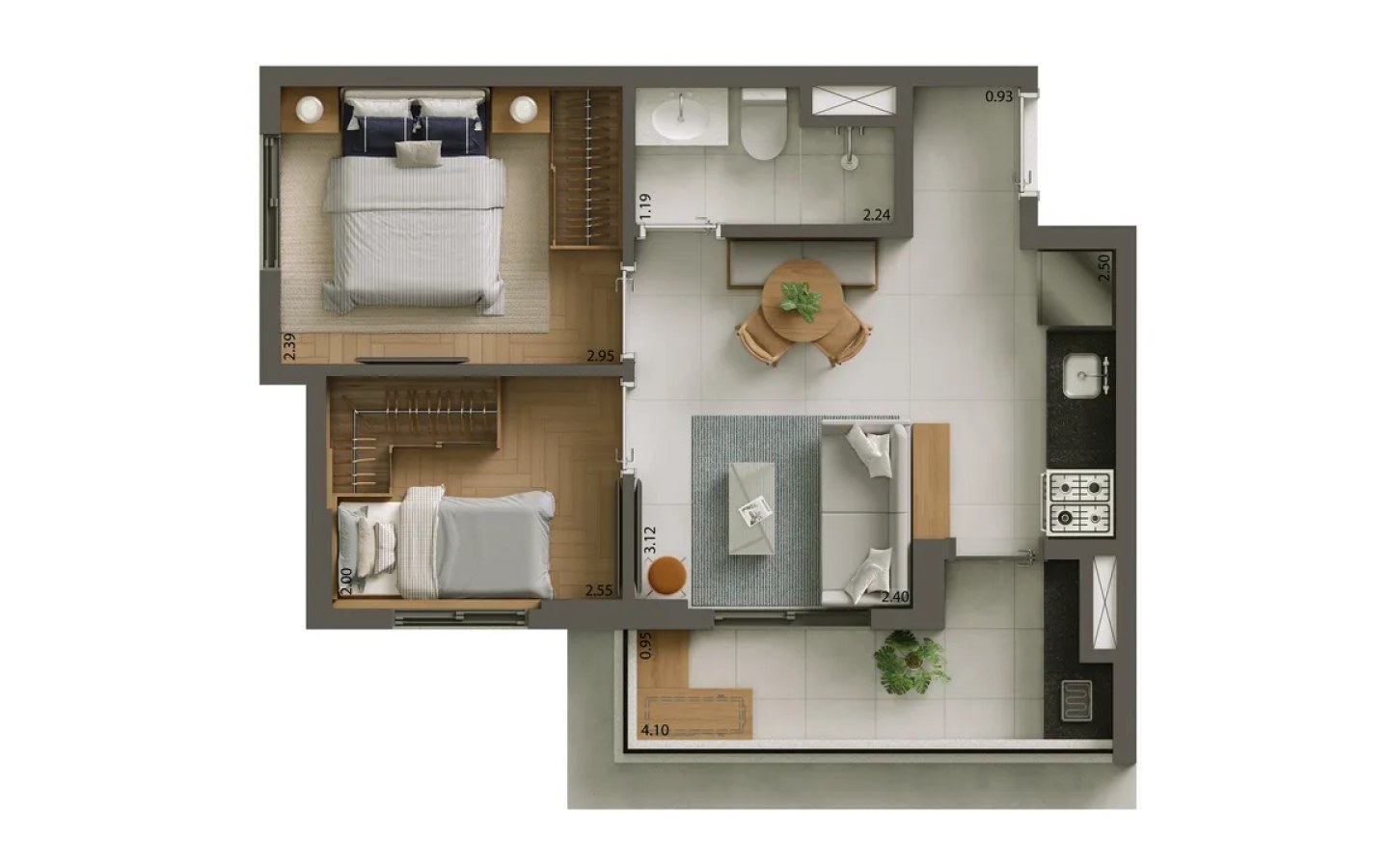Planta 38 m² - 2 dormitórios - Tipologia A do empreendimento Alves Pinheiros em São Paulo