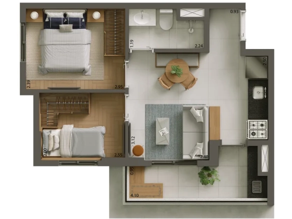 Planta 38 m² - 2 dormitórios - Tipologia A do empreendimento Alves Pinheiros em São Paulo