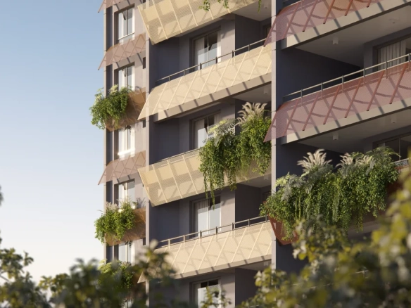Imagem oficial do detalhe de fachada e sacadas do Amaz Alphaville