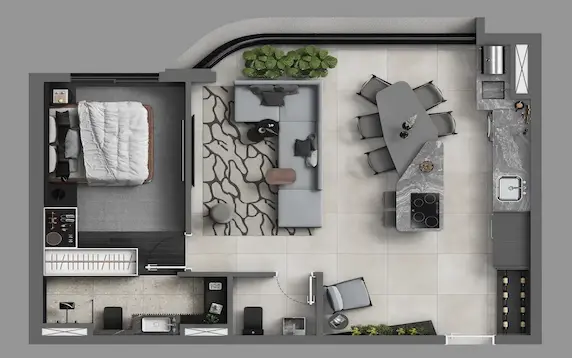 Planta de 58 m² com living ampliado do Art Design Residence