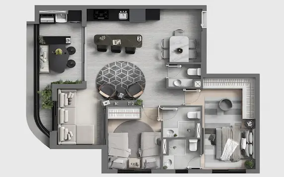 Planta de 79 m² com living ampliado do Art Design Residence