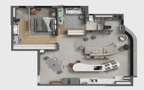 Planta de 90 m² com living ampliado do Art Design Residence
