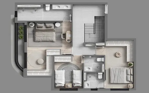 Pavimento inferior da planta duplex de 157 m² do Art Design Residence