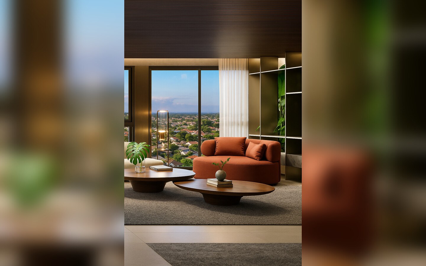 Living decorado do Authoria by Dubai integrado à varanda