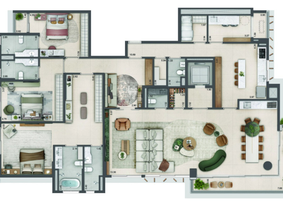 Planta de 273 m² do Authoria by Dubai com 3 suítes e living ampliado