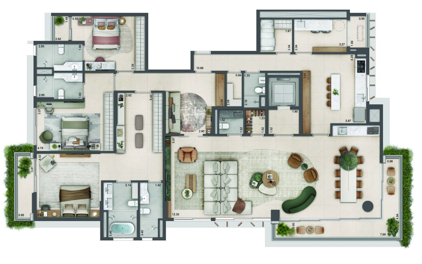 Planta de 273 m² do Authoria by Dubai com 3 suítes e living ampliado
