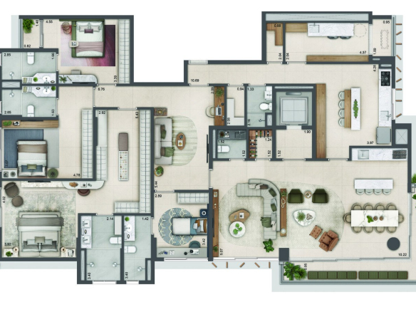 Planta de 273 m² do Authoria by Dubai com 4 suítes e cozinha fechada