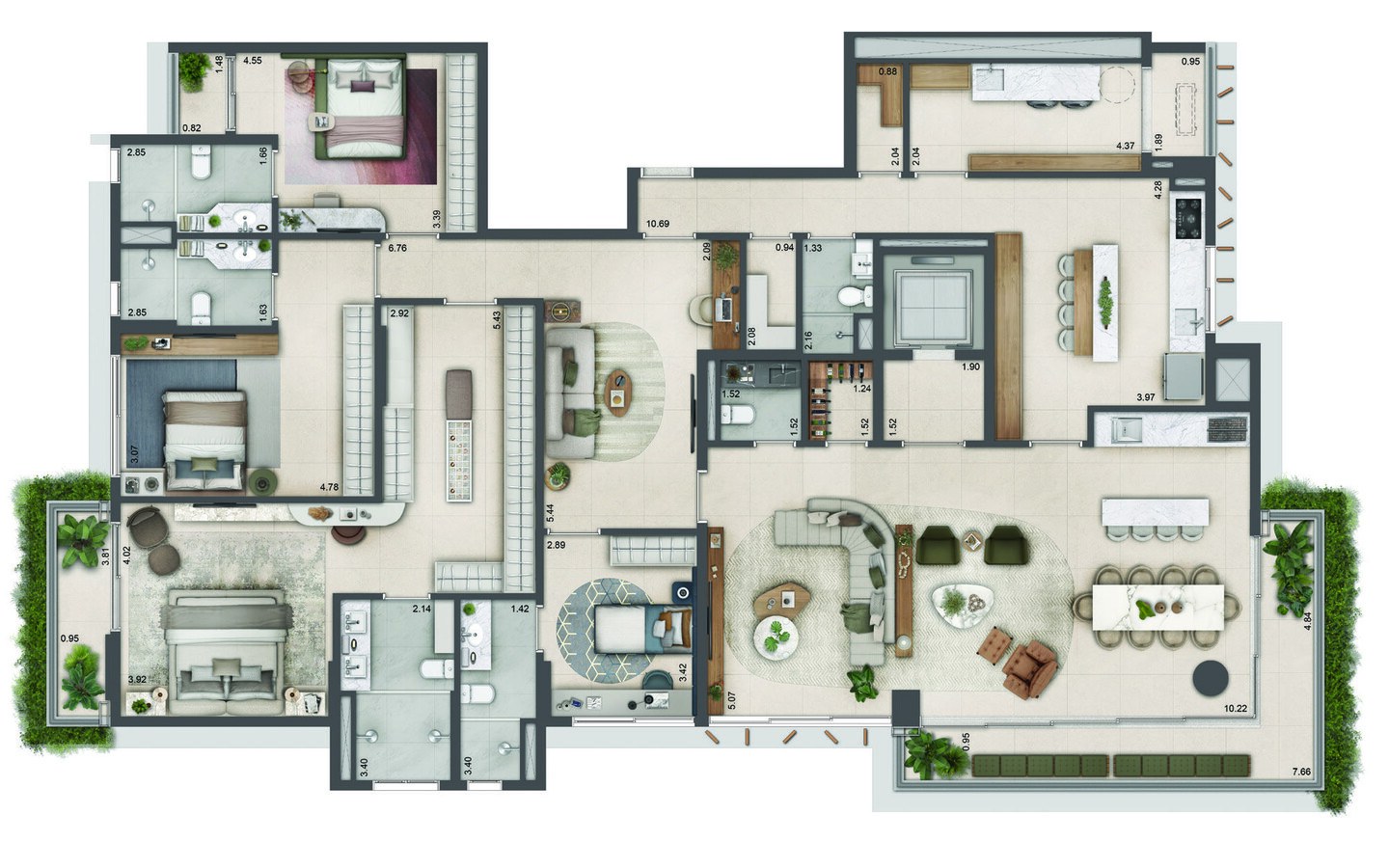 Planta de 273 m² do Authoria by Dubai com 4 suítes e cozinha fechada