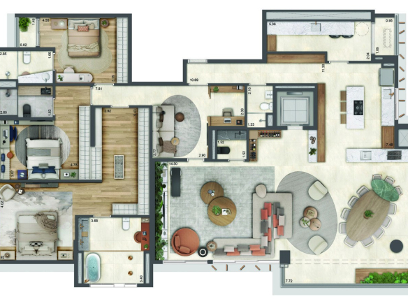 Planta de 273 m² do Authoria by Dubai com cozinha aberta e banho master