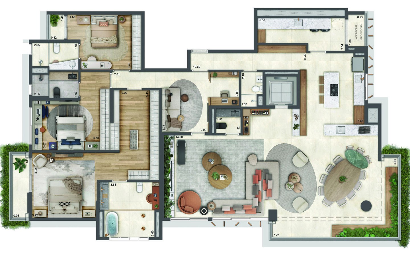 Planta de 273 m² do Authoria by Dubai com cozinha aberta e banho master