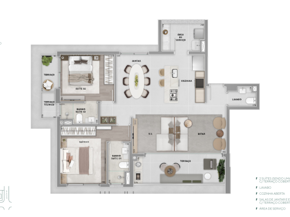 Planta de 105 m² com duas suítes e living ampliado — Brisea Moema