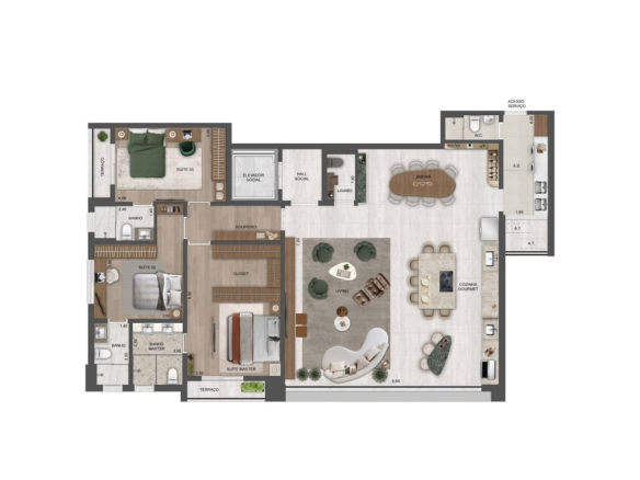 Château Jardin 185 m2 — Planta Harmonie 185 m² com 3 suítes e cozinha integrada