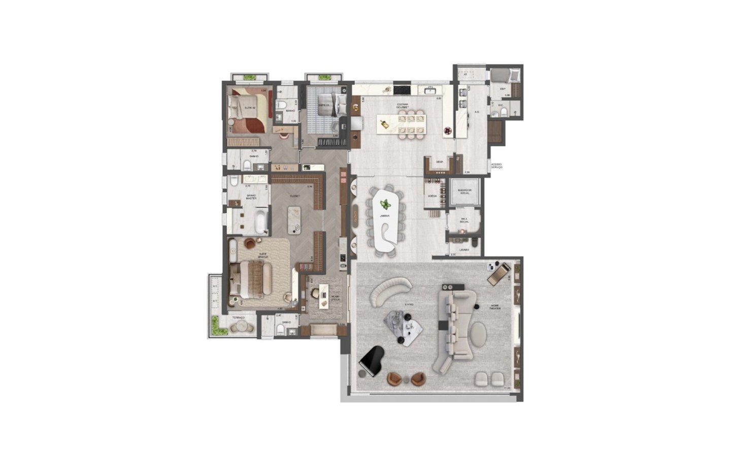 Château Jardin 355 m2 — Planta Lumière 355 m² com 3 suítes e office
