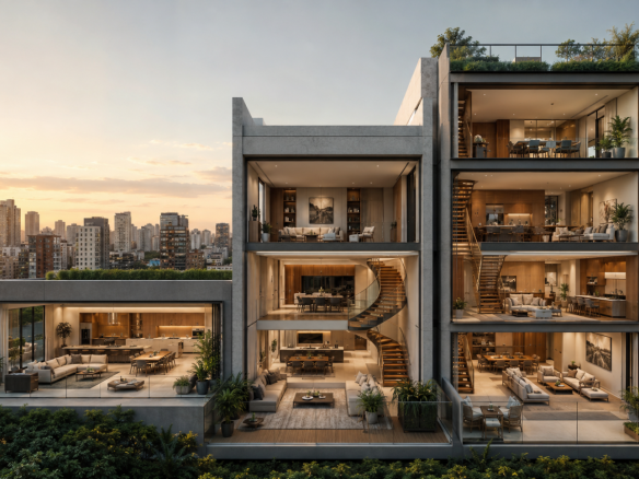 Composição arquitetônica comparando apartamento em um pavimento, duplex e triplex