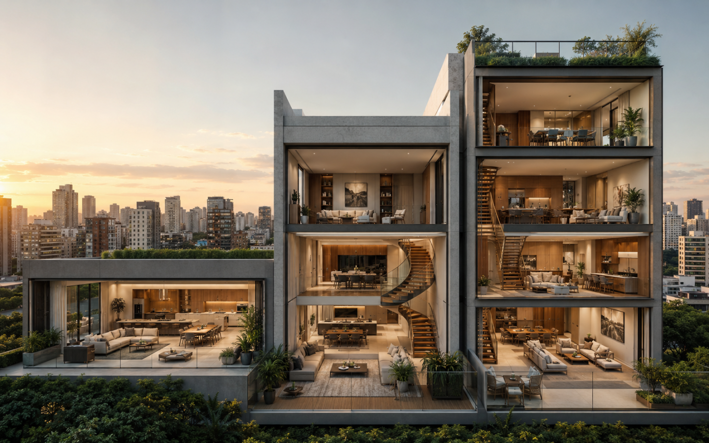 Composição arquitetônica comparando apartamento em um pavimento, duplex e triplex