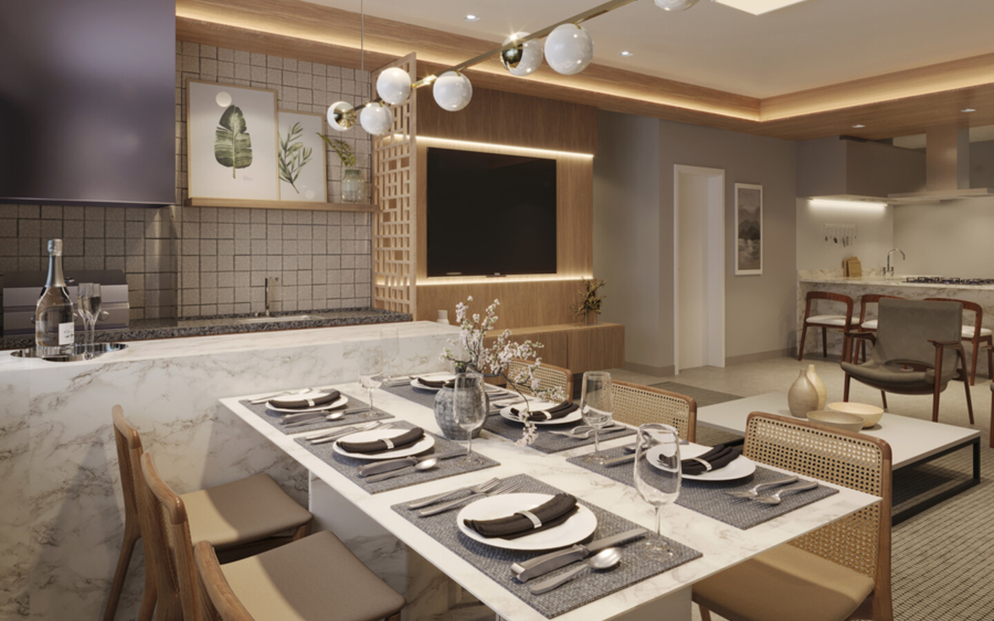 Dellagio Alphaville – Jantar integrado ao living de referência – Atendimento Especializado (11) 4237-8776 | 98026-0864 Jantar integrado ao living do Dellagio Alphaville, perspectiva divulgada pela Atria; não representa necessariamente a unidade anunciada.