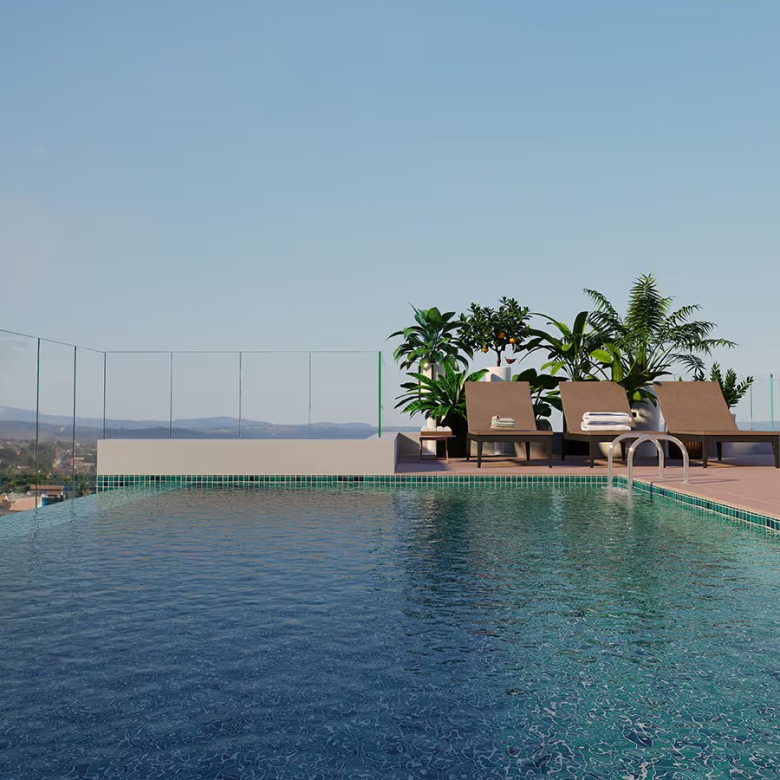 Piscina com borda infinita no rooftop do Dellagio Alphaville