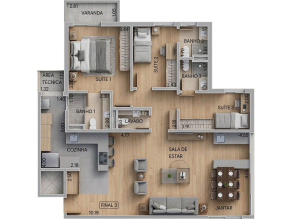Dellagio Alphaville 117 m2 — Planta 117 m² com 3 suítes