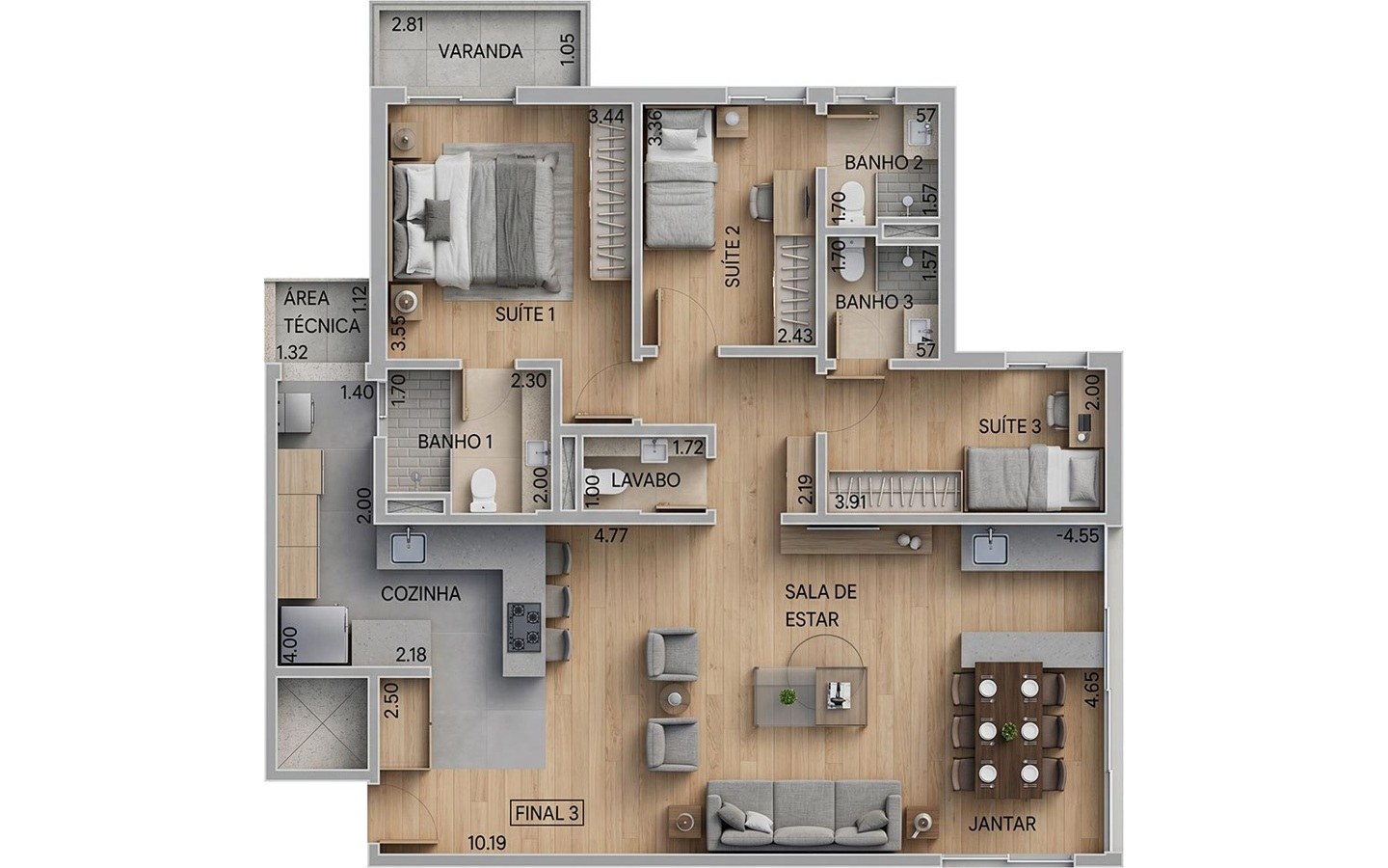 Dellagio Alphaville 117 m2 — Planta 117 m² com 3 suítes