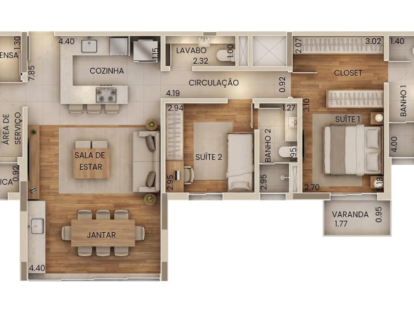 Dellagio Alphaville 95 m2 — Planta 95 m² com 2 suítes