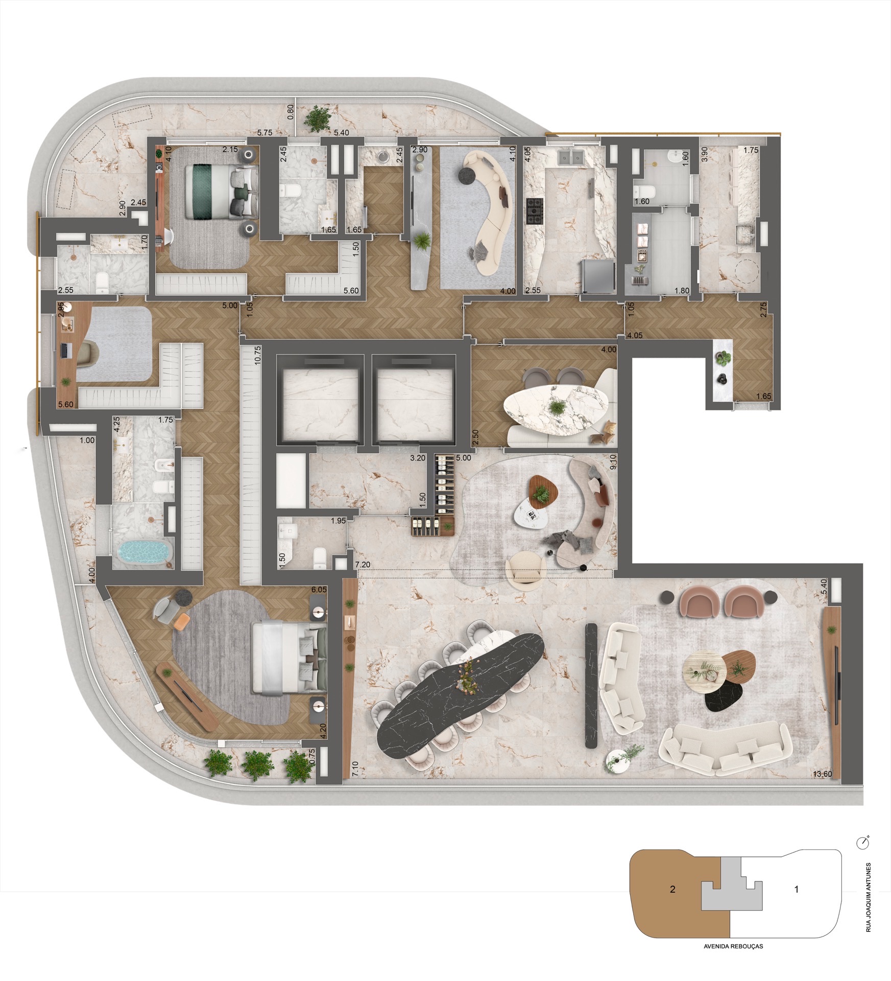 Planta completa do apartamento de 339 m² opção 1 do Epic Jardim Europa