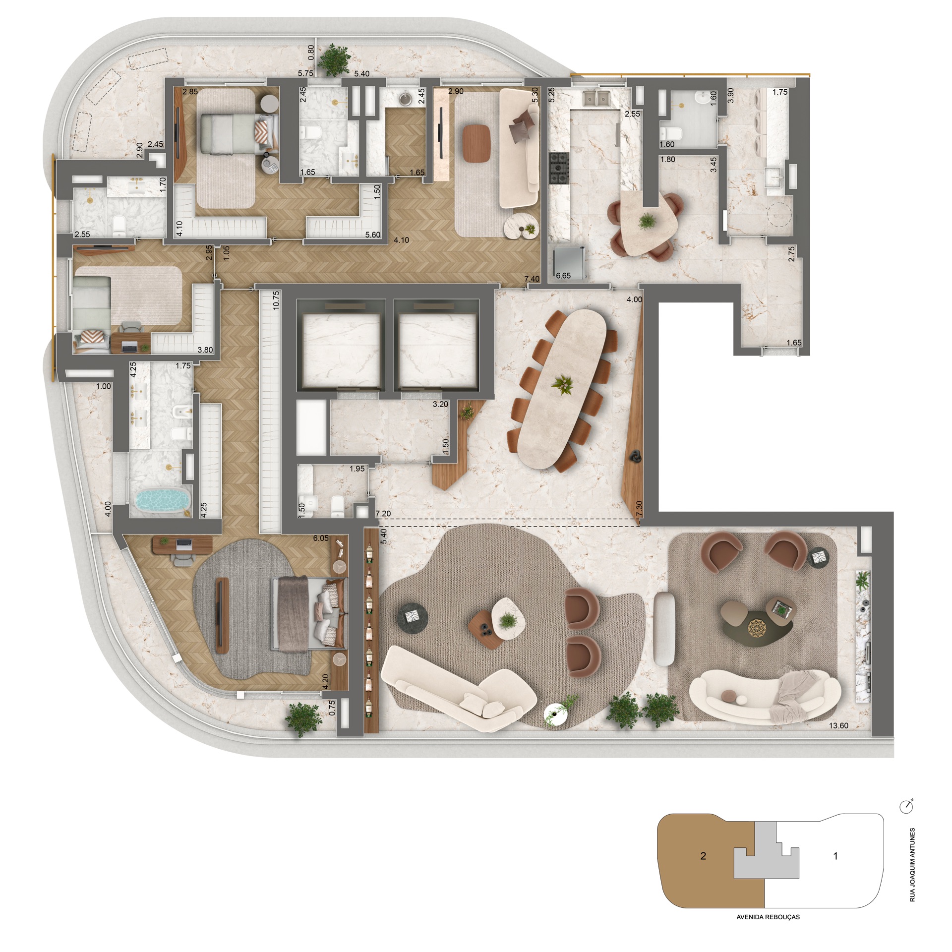 Planta completa do apartamento de 339,98 m² opção 2 do Epic Jardim Europa