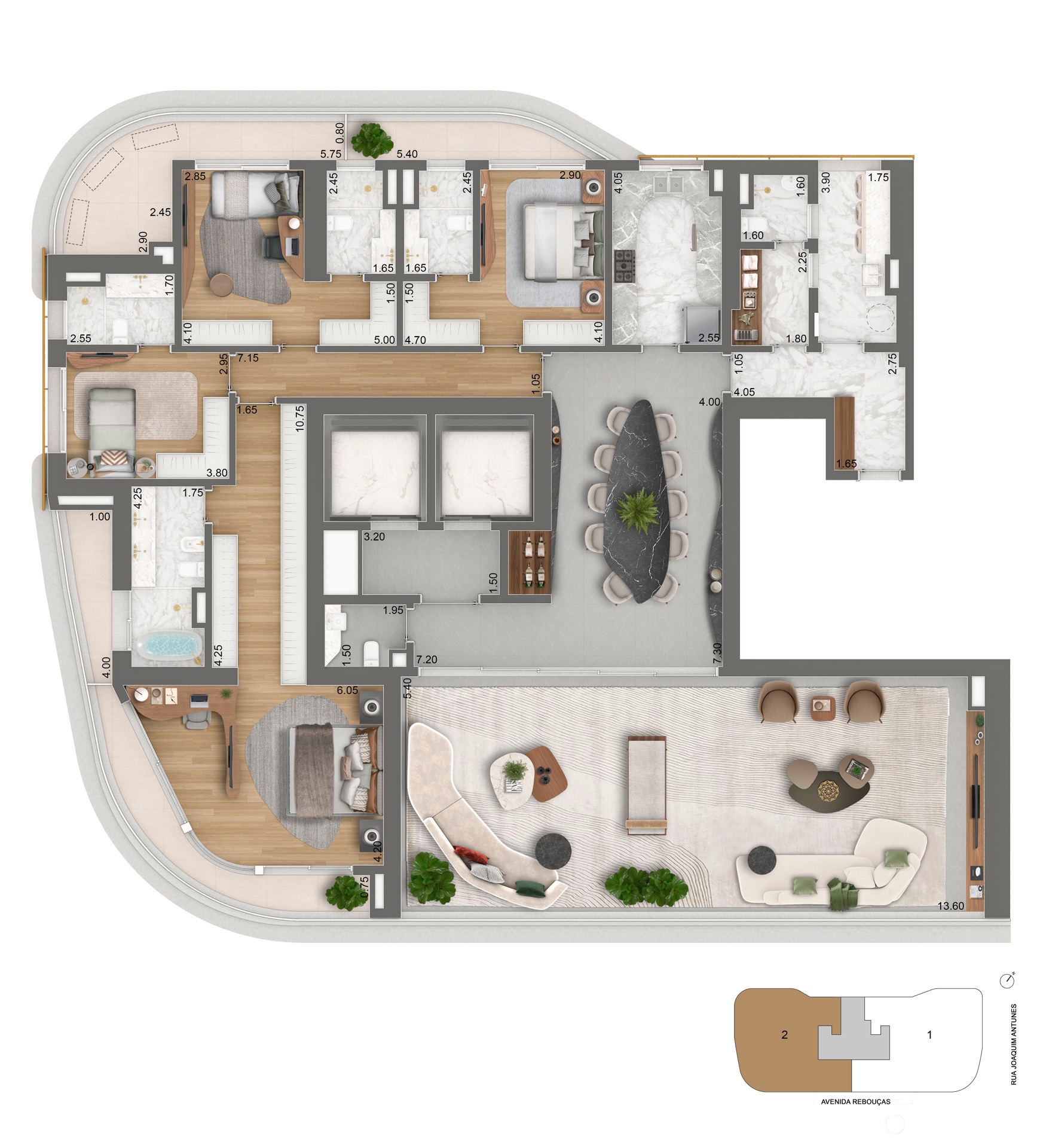 Planta completa do apartamento de 339,98 m² padrão do Epic Jardim Europa