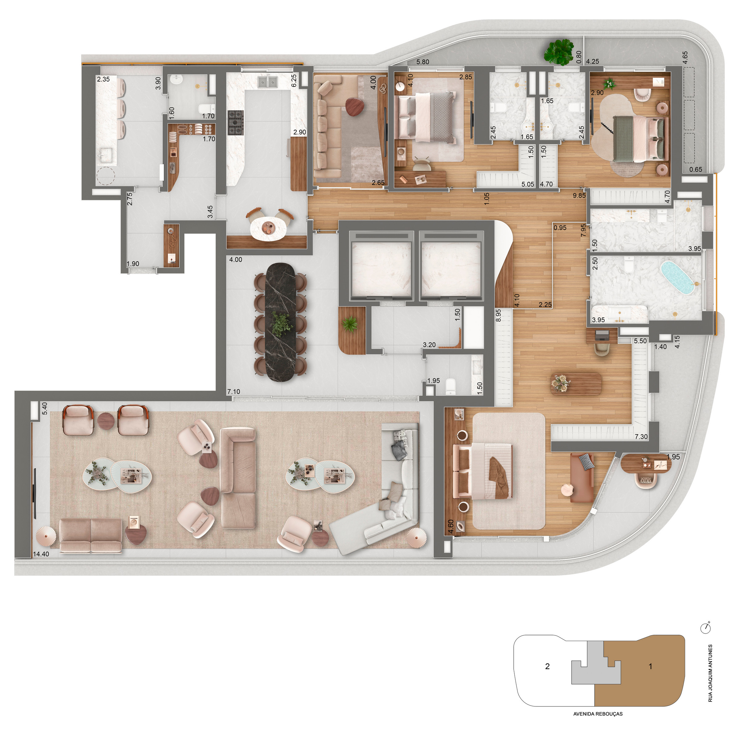 Planta completa da opção decorada de 379 m² do Epic Jardim Europa