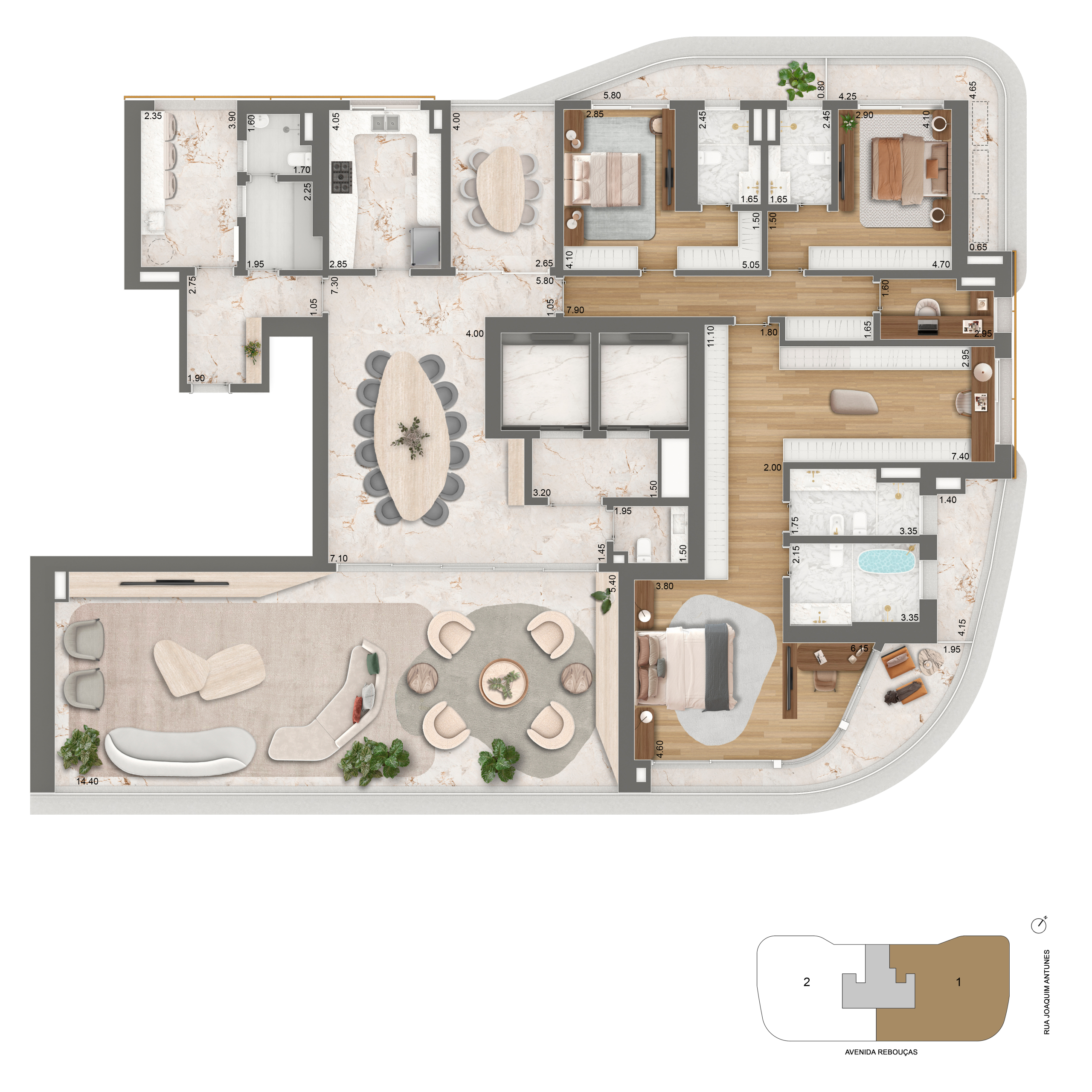 Planta completa do apartamento de 379 m² opção 1 do Epic Jardim Europa