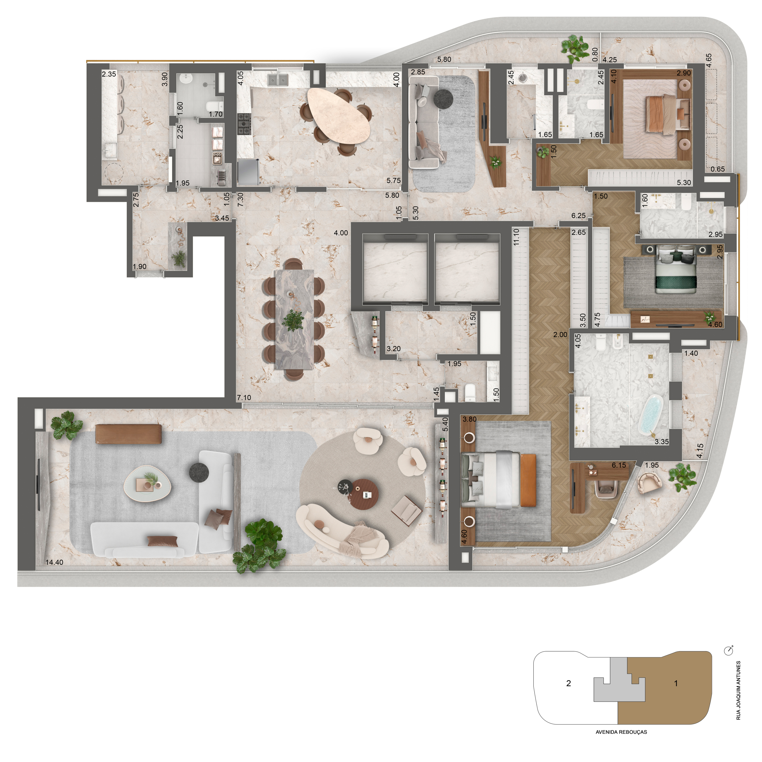 Planta completa do apartamento de 379 m² opção 2 do Epic Jardim Europa