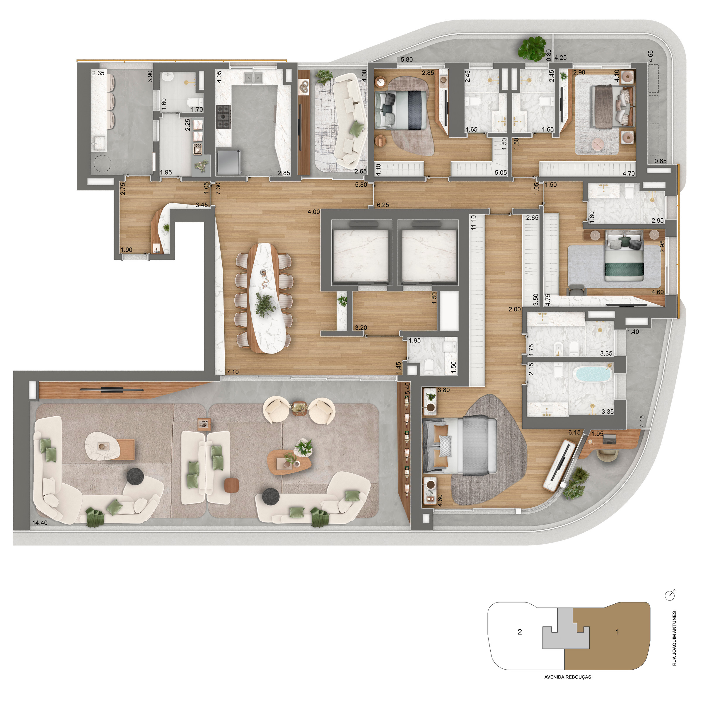 Planta completa do apartamento de 379 m² padrão do Epic Jardim Europa