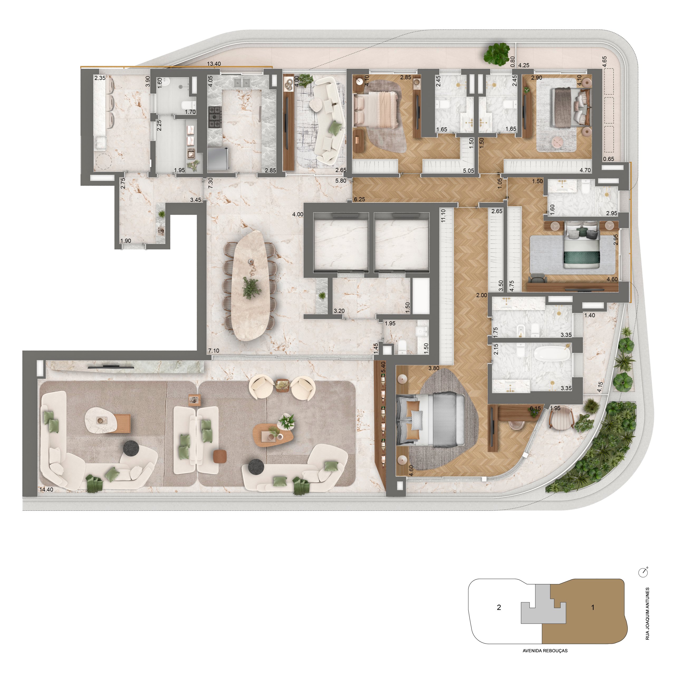 Planta completa do apartamento de 400,50 m² do Epic Jardim Europa
