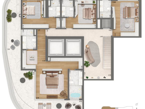 Epic Jardim Europa Design by Pininfarina — planta completa 565 m² garden duplex — pavimento inferior com 4 suítes — Epic Jardim Pininfarina 565 m2