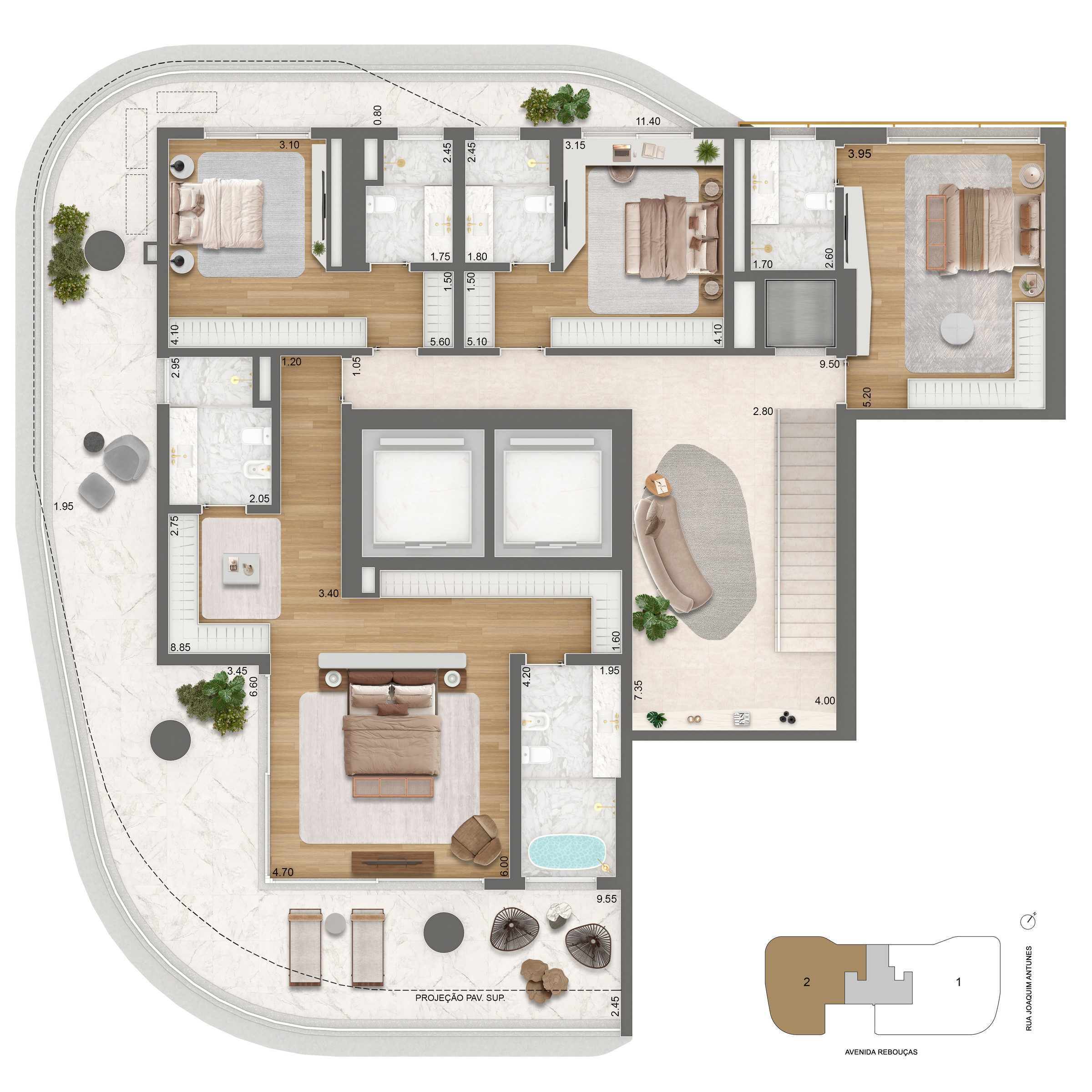 Planta completa do pavimento inferior da unidade de 565 m² do Epic Jardim Europa