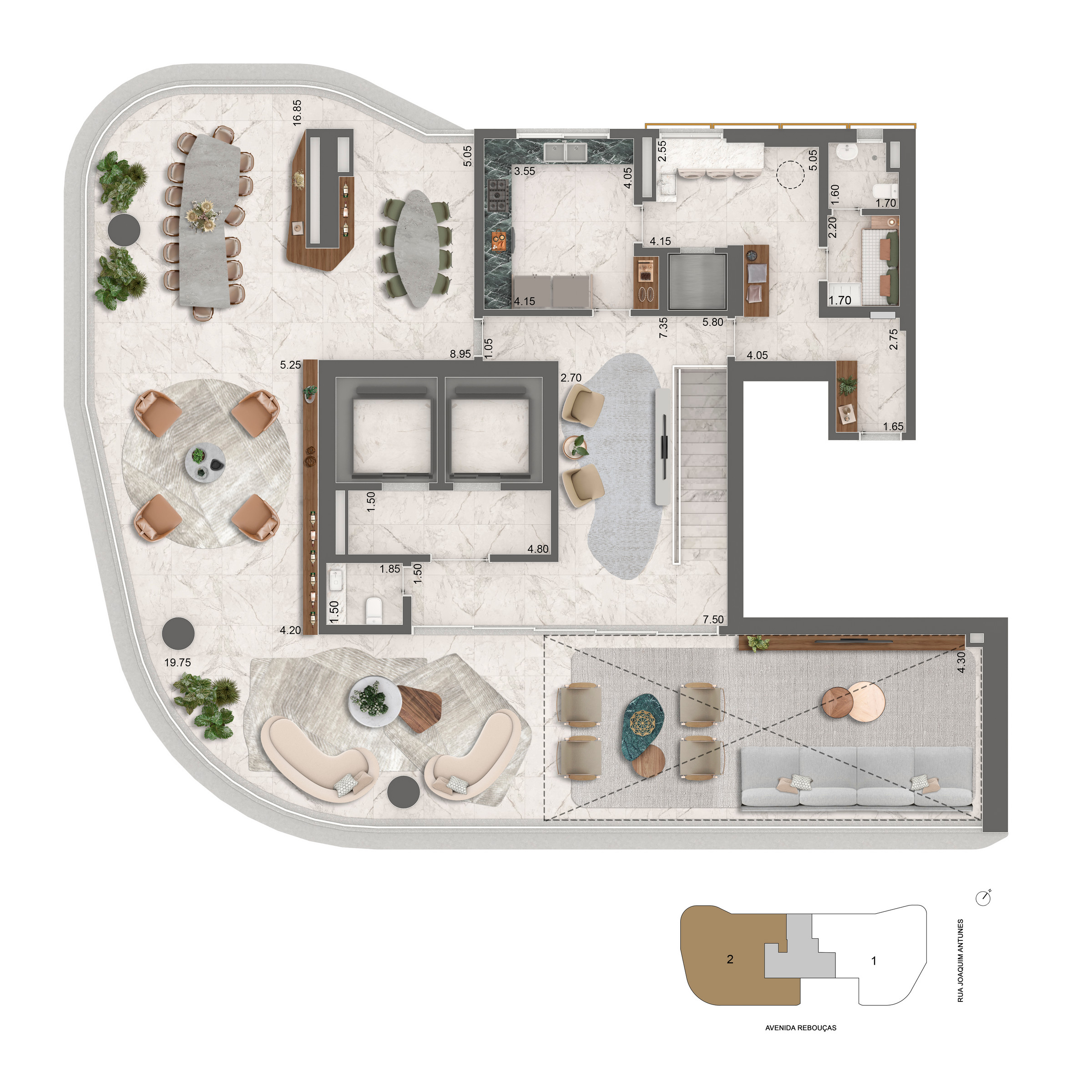 Planta completa do pavimento superior da unidade de 565 m² do Epic Jardim Europa