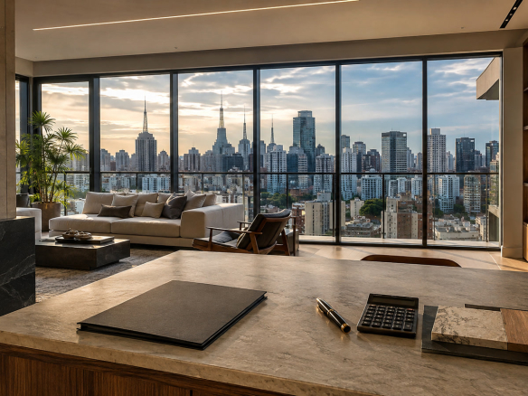 Apartamento de alto padrão em São Paulo com documentos e calculadora para planejamento do financiamento