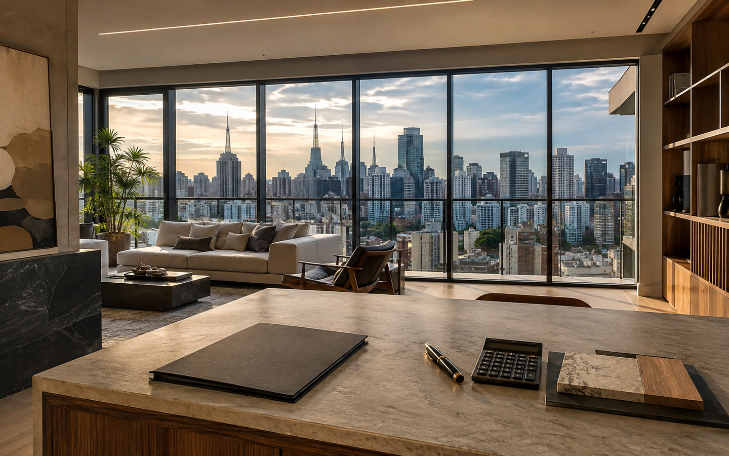 Apartamento de alto padrão em São Paulo com documentos e calculadora para planejamento do financiamento