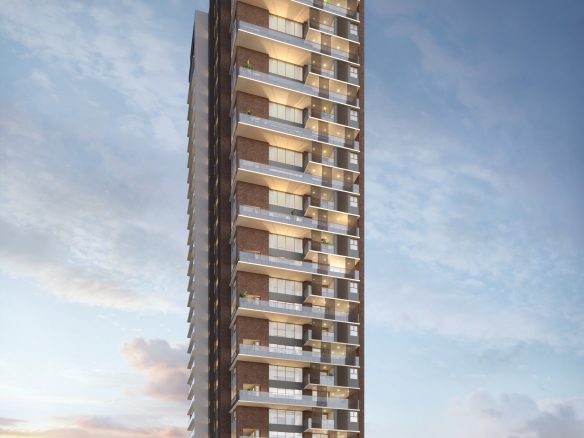 Florà Alphaville 835 m2 — perspectiva geral da fachada posterior ao entardecer