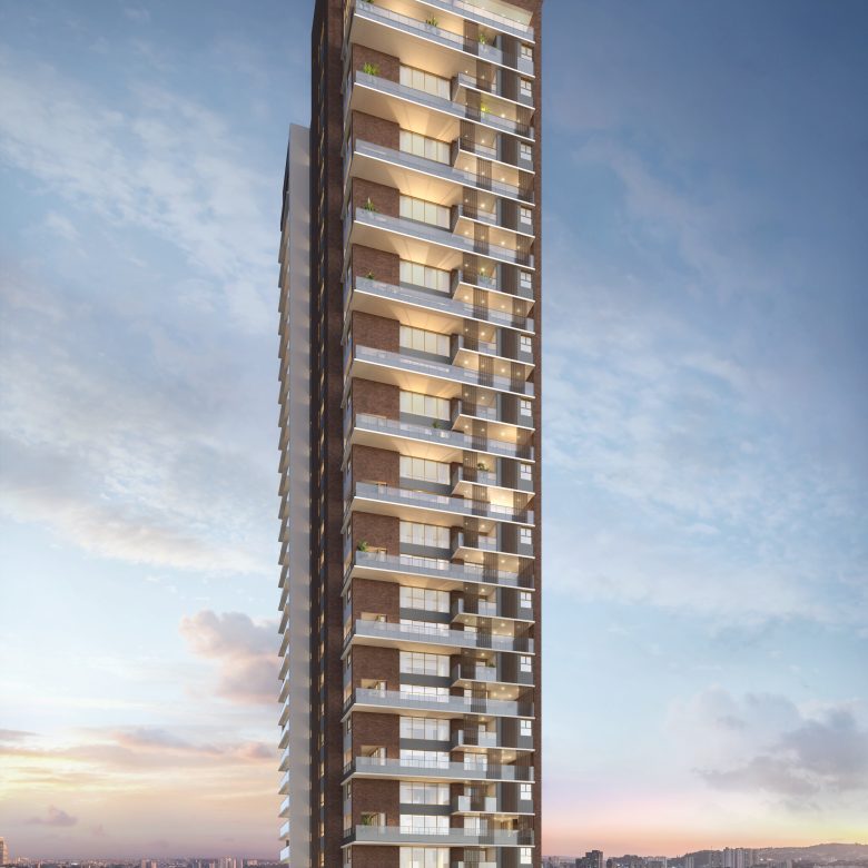 Florà Alphaville 835 m2 — perspectiva geral da fachada posterior ao entardecer