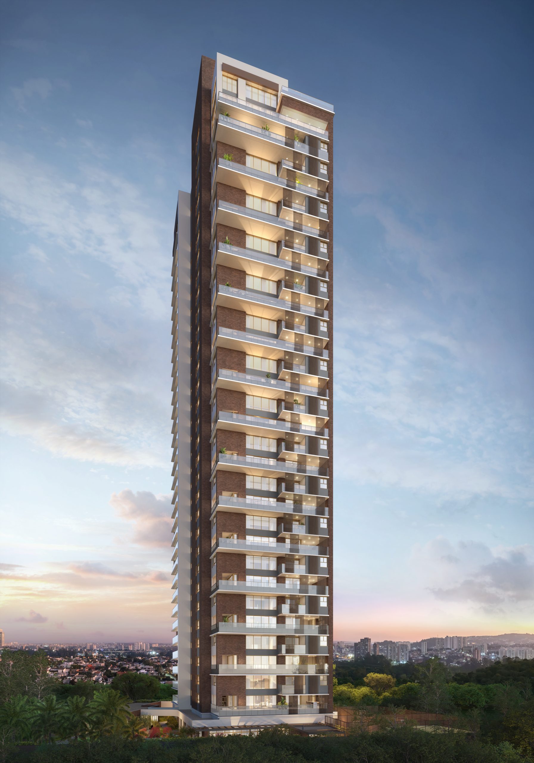 Florà Alphaville – fachada posterior ao entardecer – Atendimento Especializado (11) 4237-8776 | 98026-0864 Florà Alphaville 835 m2 — perspectiva geral da fachada posterior ao entardecer