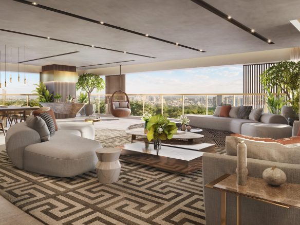 Florà Alphaville 420 m2 — perspectiva oficial do living e terraço
