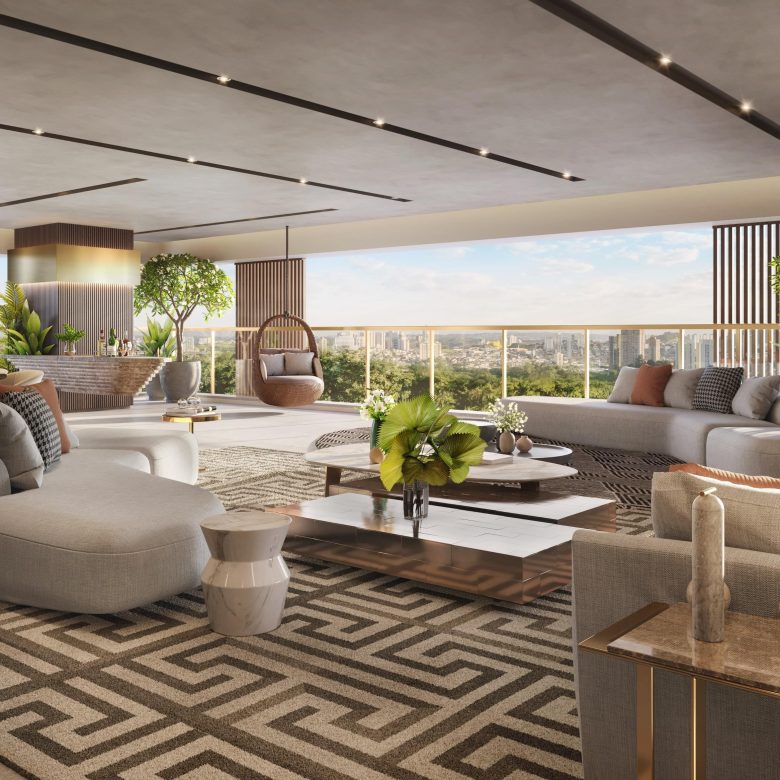 Florà Alphaville 420 m2 — perspectiva oficial do living e terraço