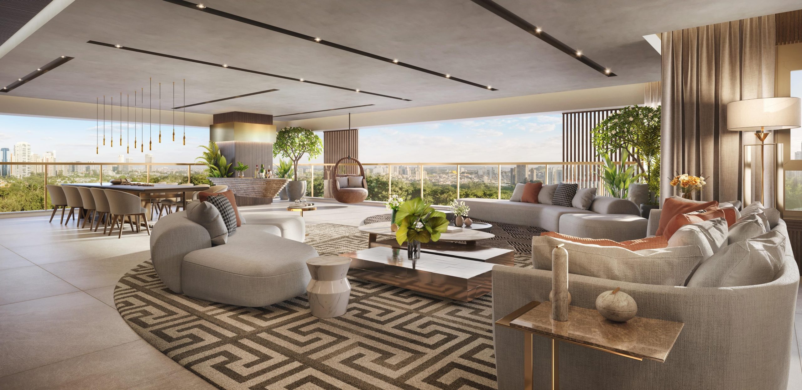 Florà Alphaville 420 m2 — perspectiva oficial do living e terraço