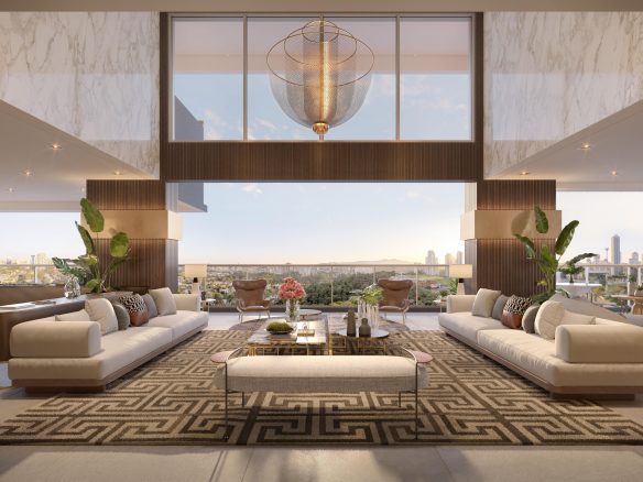 Florà Alphaville duplex 565 m2 — living com pé-direito duplo, perspectiva oficial