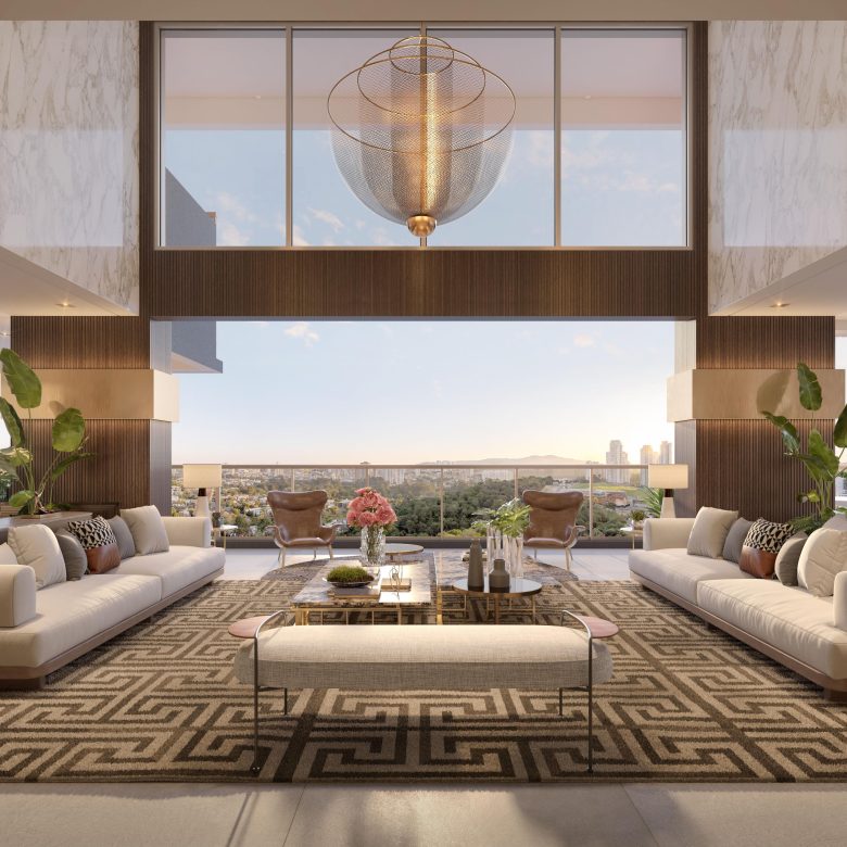 Florà Alphaville duplex 565 m2 — living com pé-direito duplo, perspectiva oficial