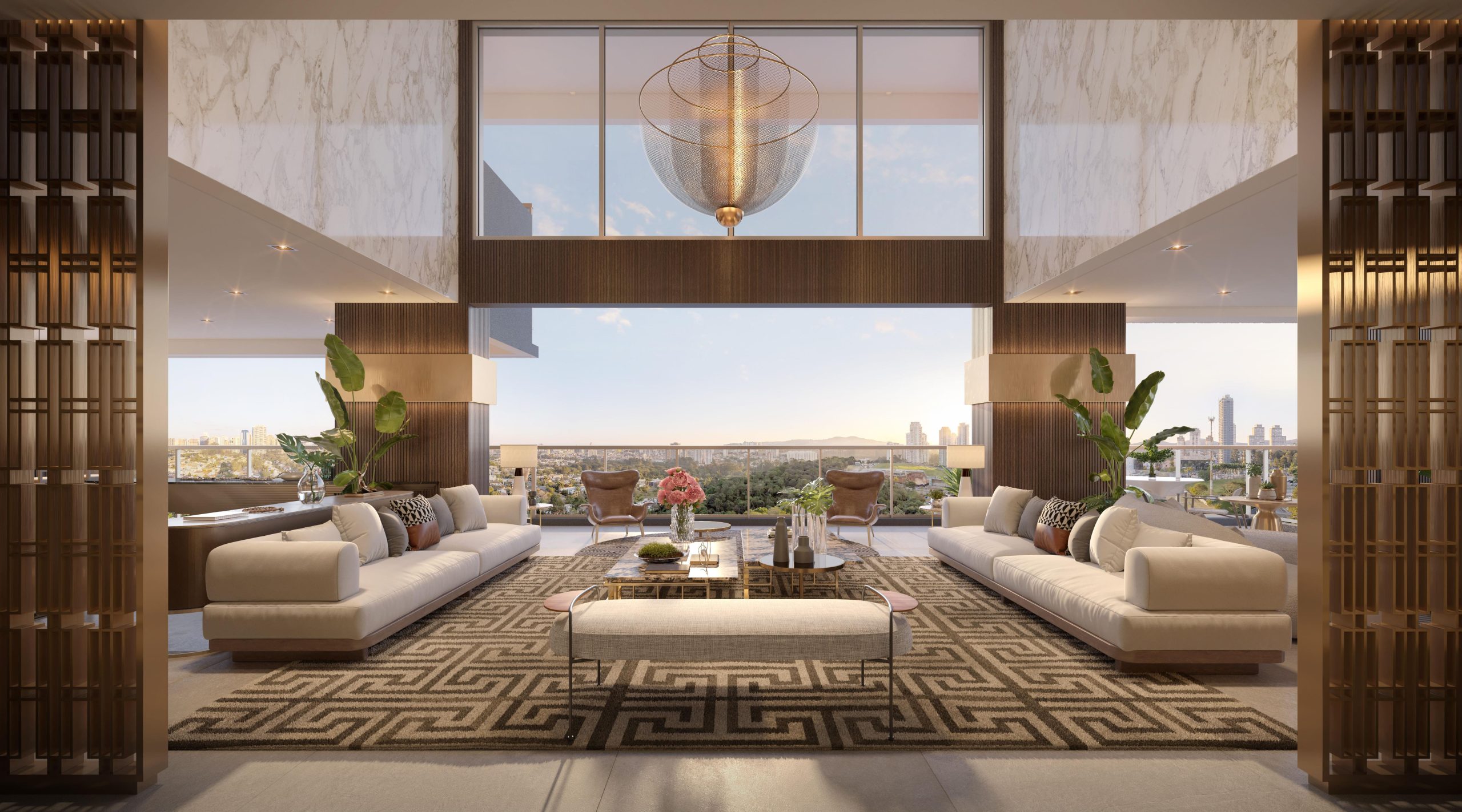 Florà Alphaville – living com pé-direito duplo do duplex de 565 m² – Atendimento Especializado (11) 4237-8776 | 98026-0864 Florà Alphaville duplex 565 m2 — living com pé-direito duplo, perspectiva oficial