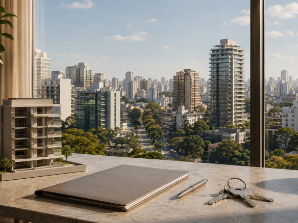 Chaves, documentos e maquete residencial diante da paisagem urbana de São Paulo