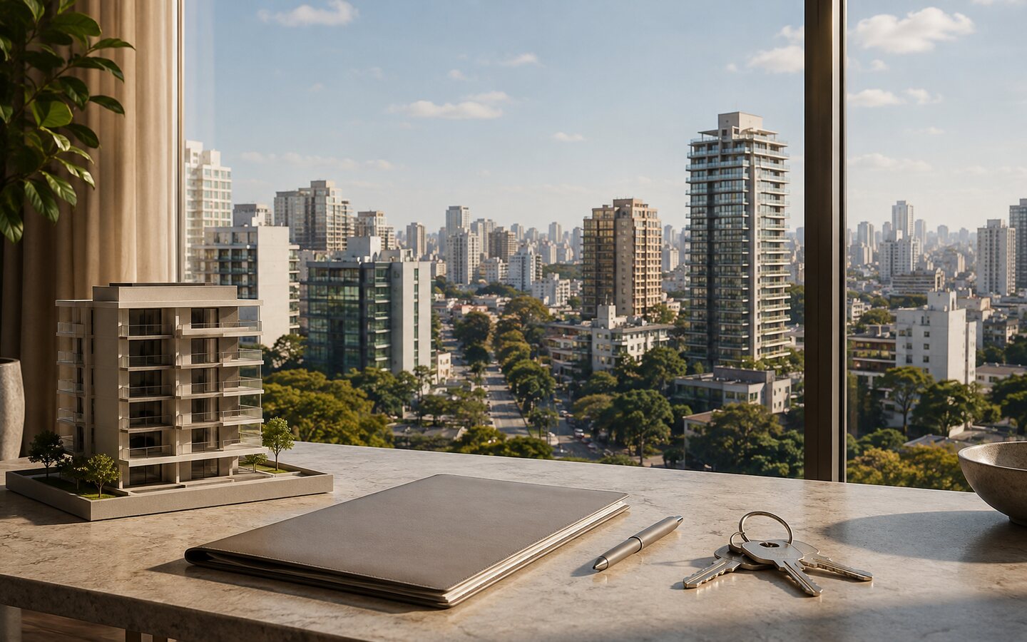 Chaves, documentos e maquete residencial diante da paisagem urbana de São Paulo