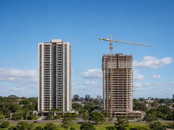 Comparação visual entre uma torre residencial pronta e outra em construção