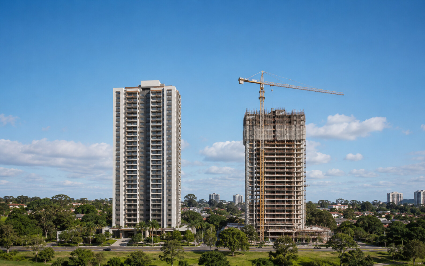 Comparação visual entre uma torre residencial pronta e outra em construção